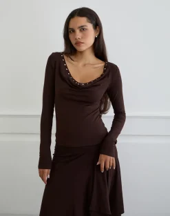 Scanio Long Sleeve Cowl Top with Studs in Bitter Chocolate