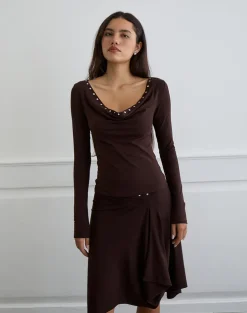 Scanio Long Sleeve Cowl Top with Studs in Bitter Chocolate