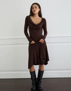 Scanio Long Sleeve Cowl Top with Studs in Bitter Chocolate