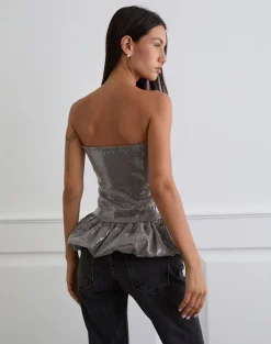 Seada Peplum Top in Sequin Check Brown