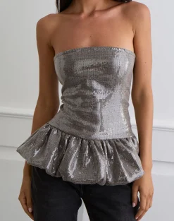 Seada Peplum Top in Sequin Check Brown
