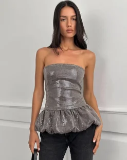 Seada Peplum Top in Sequin Check Brown