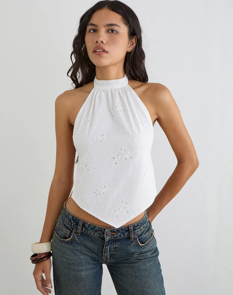 Sedona Halterneck Top in Broderie White