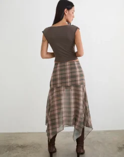 Sedra Midi Skirt in Brown and Pink Blurry Check