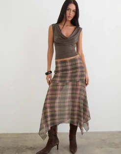 Sedra Midi Skirt in Brown and Pink Blurry Check