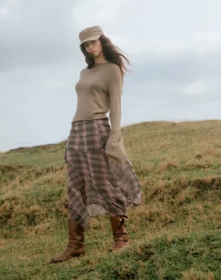 Sedra Midi Skirt in Brown and Pink Blurry Check