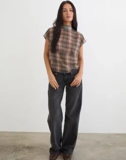 Sekala Top in Brown and Pink Blurry Check