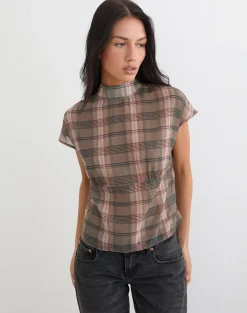 Sekala Top in Brown and Pink Blurry Check