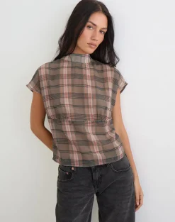 Sekala Top in Brown and Pink Blurry Check