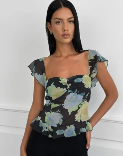 Selita Top in Black Chiffon with Crystal Flower Print