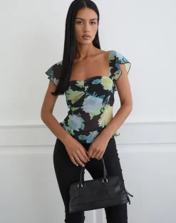 Selita Top in Black Chiffon with Crystal Flower Print