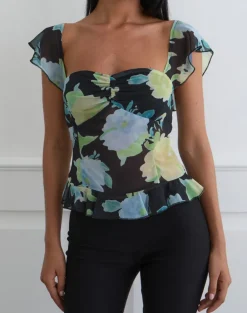 Selita Top in Black Chiffon with Crystal Flower Print