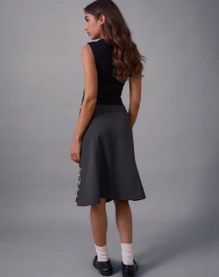 Sepzhi Midi Skirt in Vine Flower Embroidered Dark Charcoal