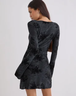 Sevila Long Sleeve Mini Dress in Burnout Velvet Grey
