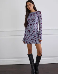 Sevila Long Sleeve Mini Dress in Lotus Flock Checked Lavender