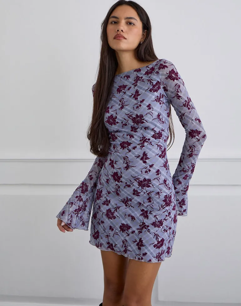 Sevila Long Sleeve Mini Dress in Lotus Flock Checked Lavender