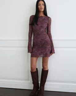 Sevila Long Sleeve Mini Dress in Mesh Blurry Floral Burgundy