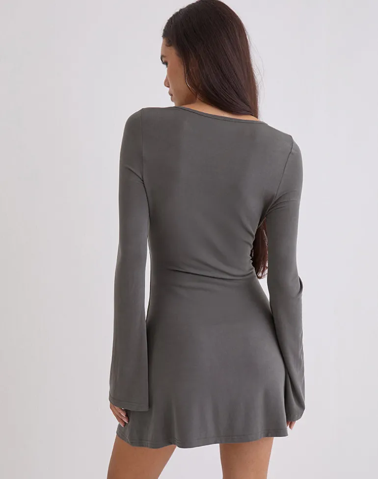 Sevila Long Sleeve Mini Dress in Cupro Diamante Flower Dark Grey