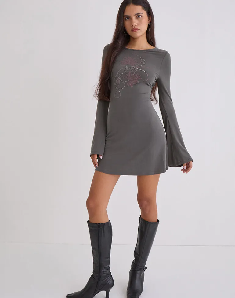 Sevila Long Sleeve Mini Dress in Cupro Diamante Flower Dark Grey