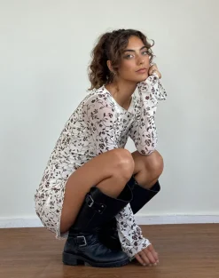 Sevila Long Sleeve Mini Dress in Stem Flower Flock Brown