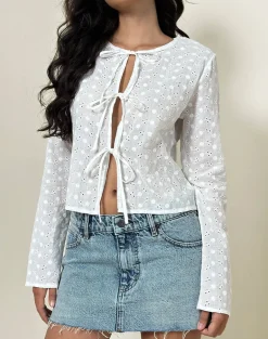 Sewindu Tie Front Long Sleeve Top in Broderie Ivory