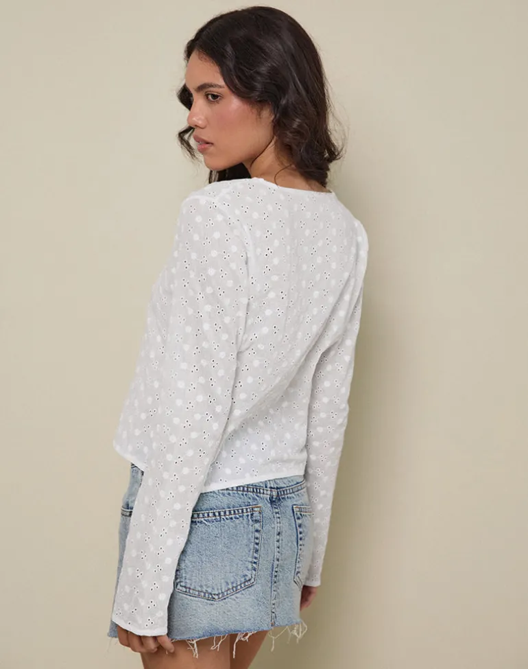 Sewindu Tie Front Long Sleeve Top in Broderie Ivory