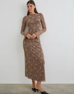 Shaleed Maxi Dress in Leafy Flock Dark Taupe