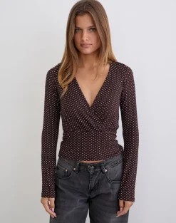Sheon Long Sleeve Top in Rayon Jersey Brown with Micro Polka Print