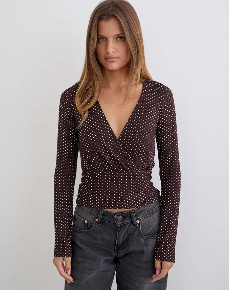 Sheon Long Sleeve Top in Rayon Jersey Brown with Micro Polka Print