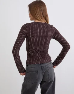 Sheon Long Sleeve Top in Rayon Jersey Brown with Micro Polka Print