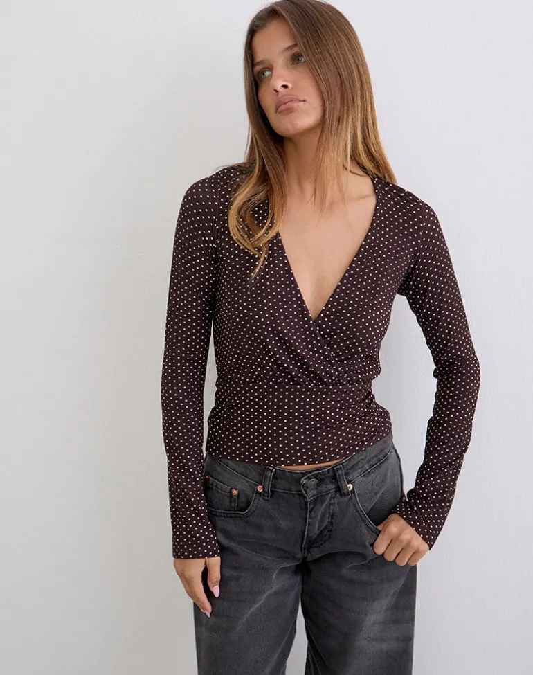 Sheon Long Sleeve Top in Rayon Jersey Brown with Micro Polka Print