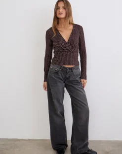 Sheon Long Sleeve Top in Rayon Jersey Brown with Micro Polka Print