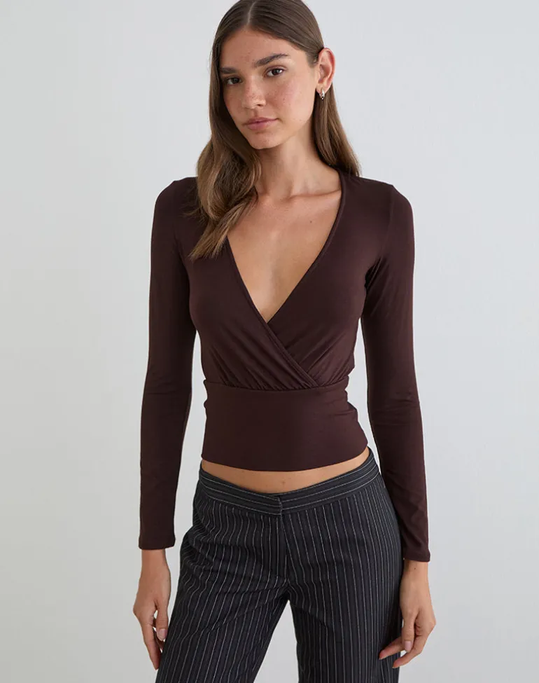 Sheon Long Sleeve Top in Rayon Jersey Bitter Chocolate