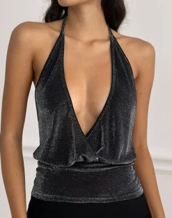 Sherlyn Halter Top in GIitter Lurex Mesh Black