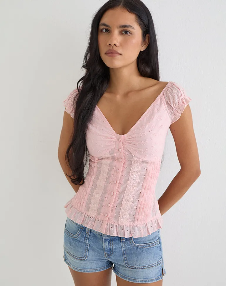 Shiku Button Up Top in Broderie Pink