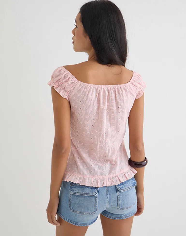 Shiku Button Up Top in Broderie Pink