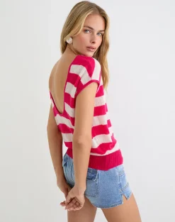 Sinda Scoopback Top in Knit Maxi Stripe Raspberry and Beige