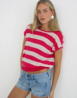 Sinda Scoopback Top in Knit Maxi Stripe Raspberry and Beige