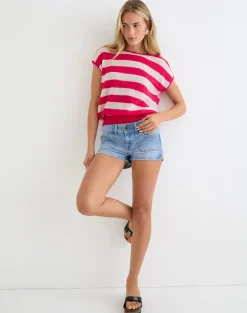 Sinda Scoopback Top in Knit Maxi Stripe Raspberry and Beige