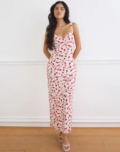 Sitiya Maxi Dress in Cream with Red Leafy Lily Flock