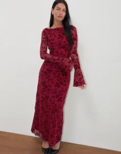 Slokya Long Sleeve Maxi Dress in Vine Floral Flock Cherry