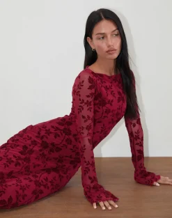 Slokya Long Sleeve Maxi Dress in Vine Floral Flock Cherry