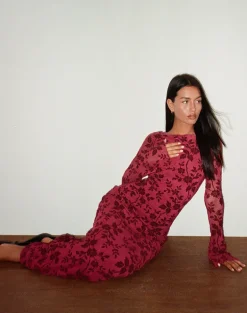 Slokya Long Sleeve Maxi Dress in Vine Floral Flock Cherry