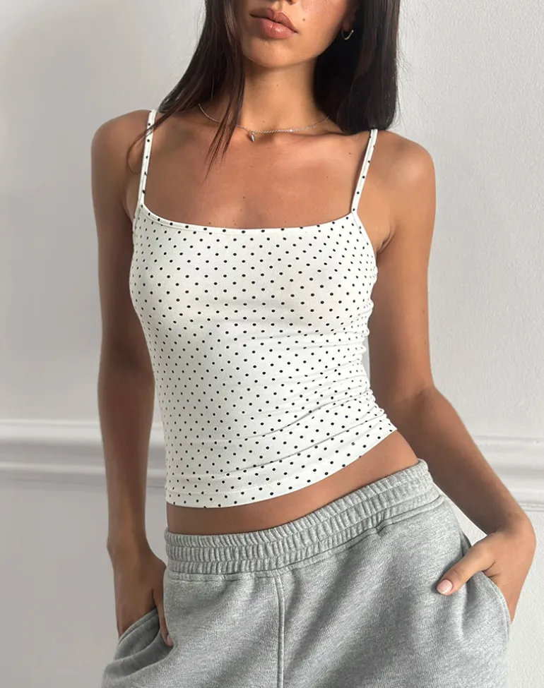 Solay Cami Top in White with Black Micro Polka Print