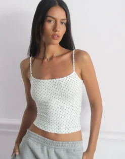 Solay Cami Top in White with Black Micro Polka Print