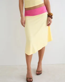 Soli Midi Skirt in Rayon Jersey Lemon Yellow and Deep Pink