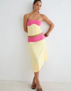 Soli Midi Skirt in Rayon Jersey Lemon Yellow and Deep Pink