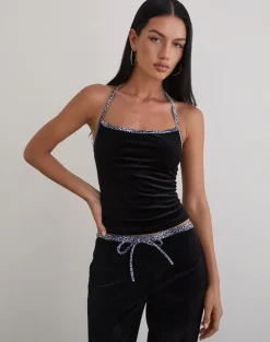 Solyn Halterneck Top in Black with Leopard Binding