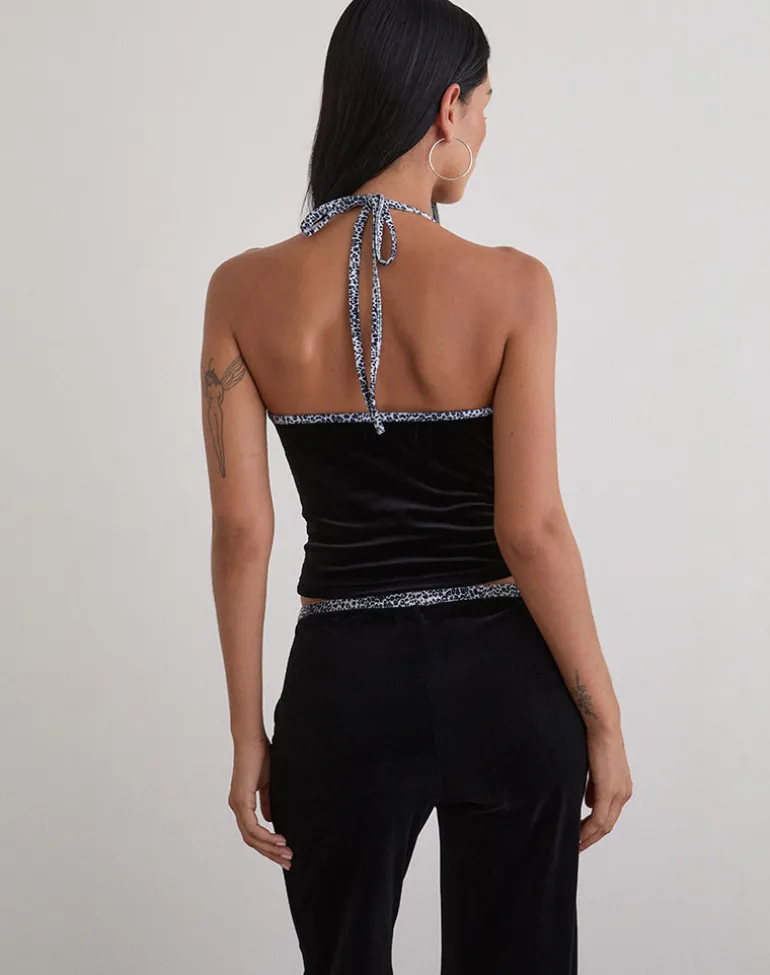 Solyn Halterneck Top in Black with Leopard Binding