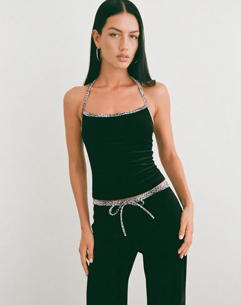 Solyn Halterneck Top in Black with Leopard Binding
